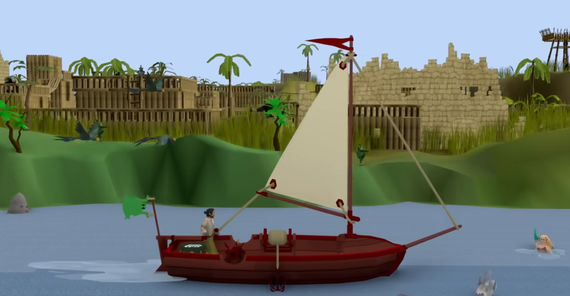 A red boat with a frog flag sailing past Ape Atoll in Old School RuneScape.
