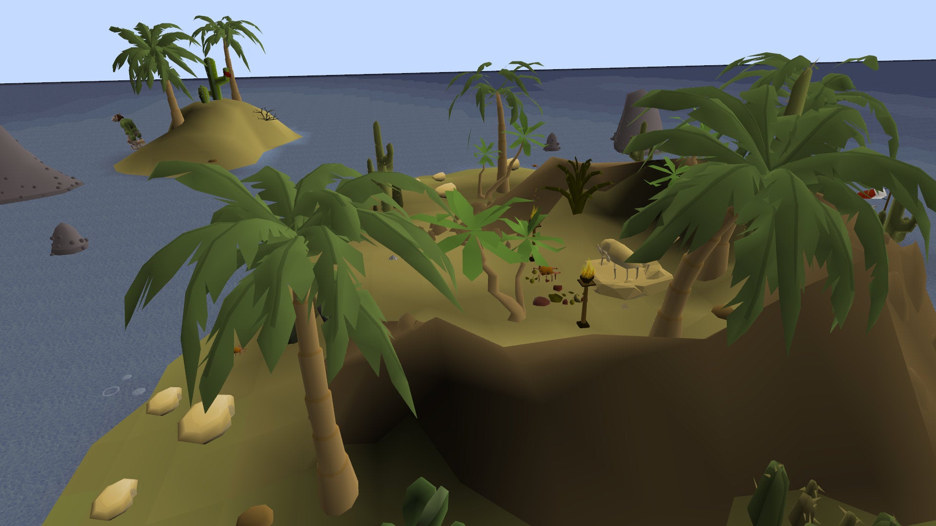 An island in Old School RuneScape, with sandy shores, palm trees and a small ritual-like area.