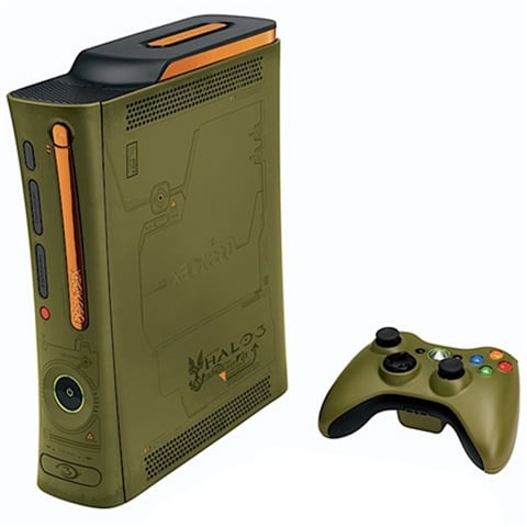 An Xbox 360 console in green with an orange disc tray and detailing