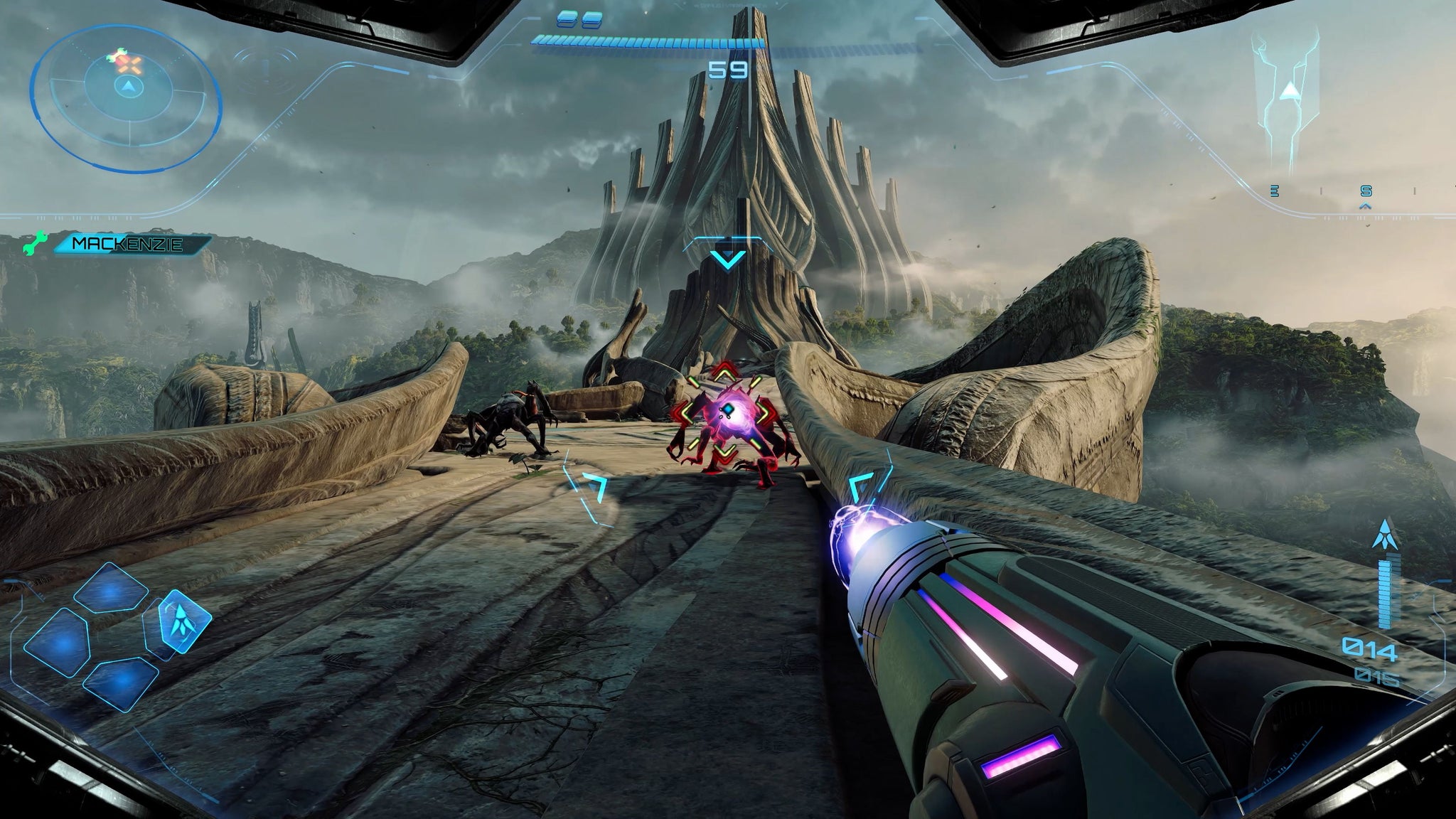 Metroid Prime 4 Beyond screenshot showing combat amongst rocky surroundings, witha d istant castle-like structure