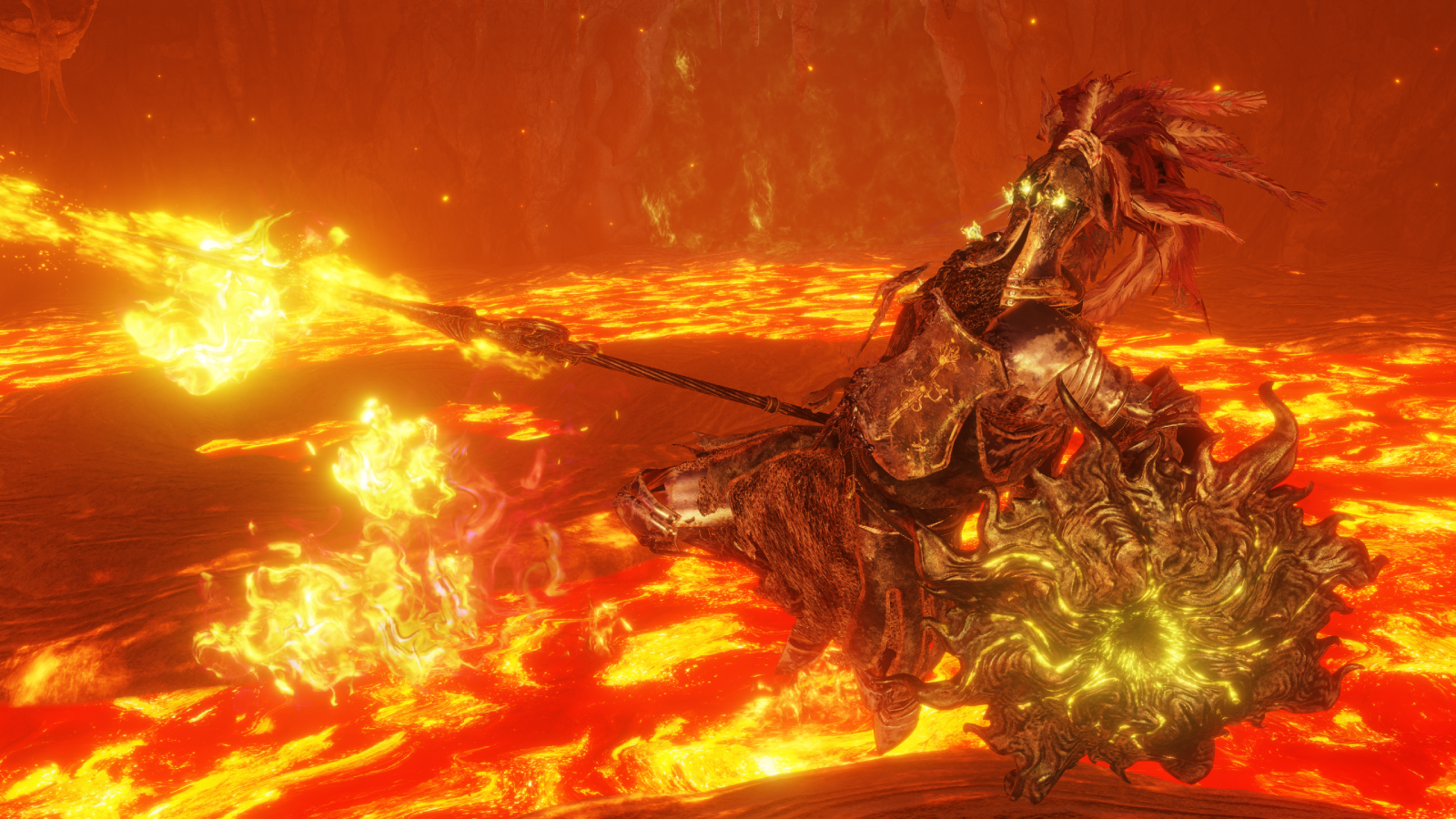 Elden Ring Reforged mod screenshot showing heavily armoured character with fiery spear in a lava environment