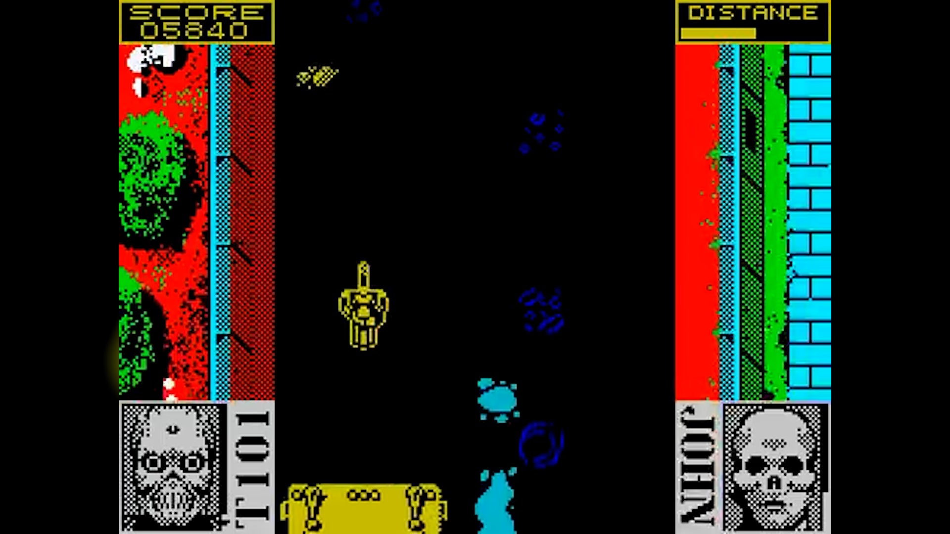 Terminator 2 screenshot showing a top down view of a motorcycle being chased by a large truck. It is flanked by pictures of skulls which are illustrating that the passengers on the bike are nearly dead.