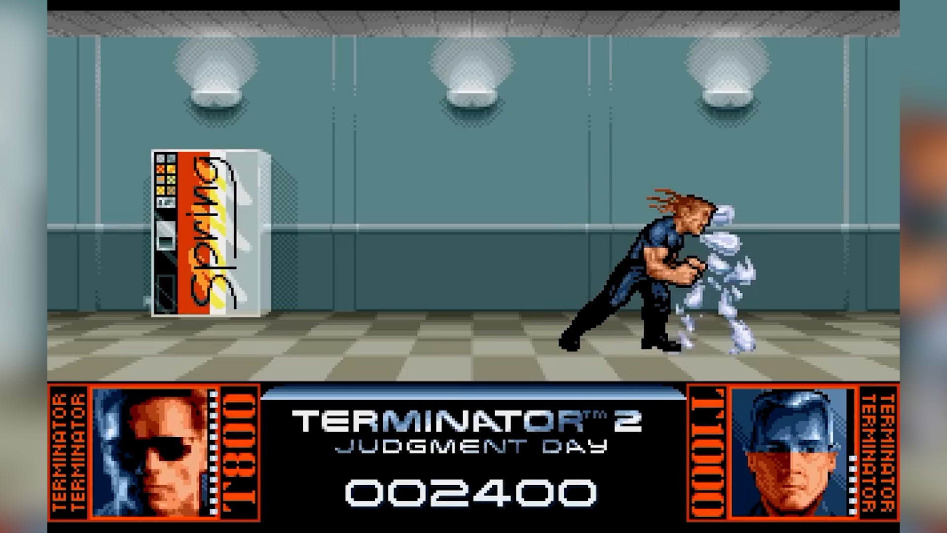 Terminator 2 screenshot showing the T-800 is headbutting the T1000. The T1000 is bursting into blobs of liquid metal.