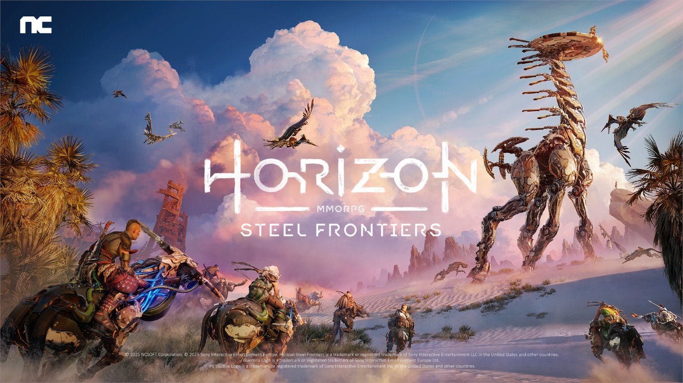 Promo image for Horizon Steel Frontiers showing several humans on the backs of machines riding through a deset landscape with a Tallneck in the distance