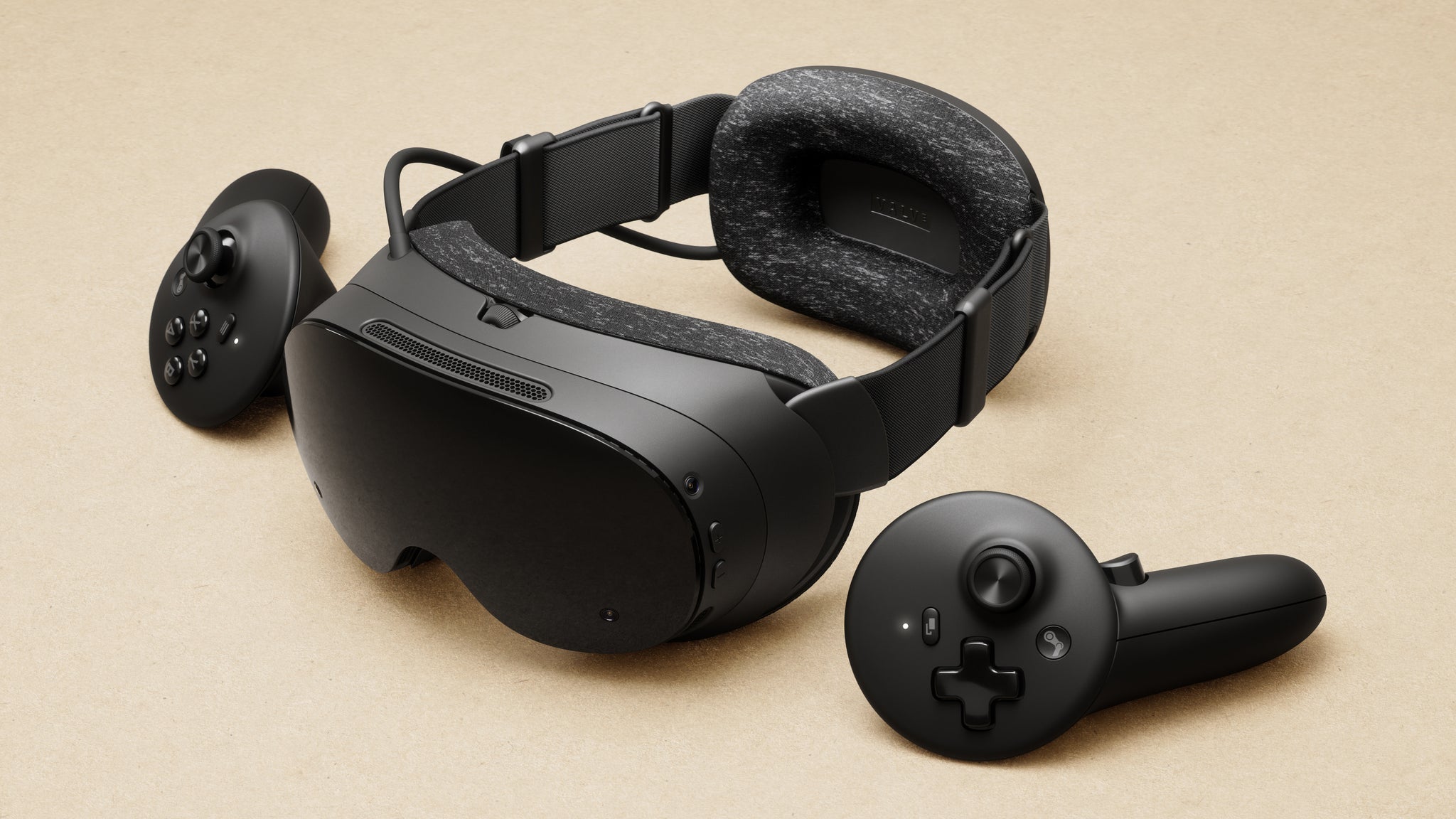 Steam Frame VR headset and controller detail shots