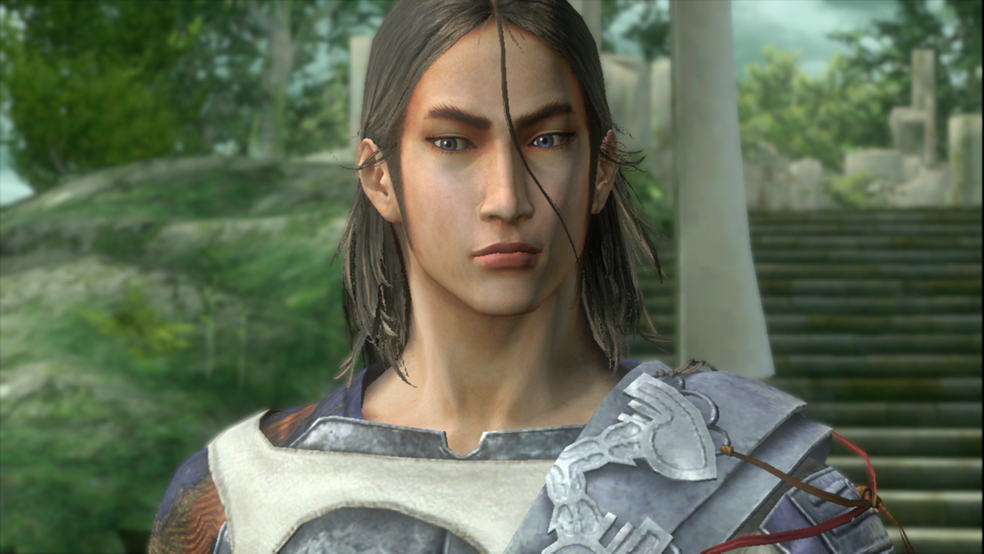 Lost Odyssey screenshot showing close up of protagonist Kaim, man with long hair and strand over his face