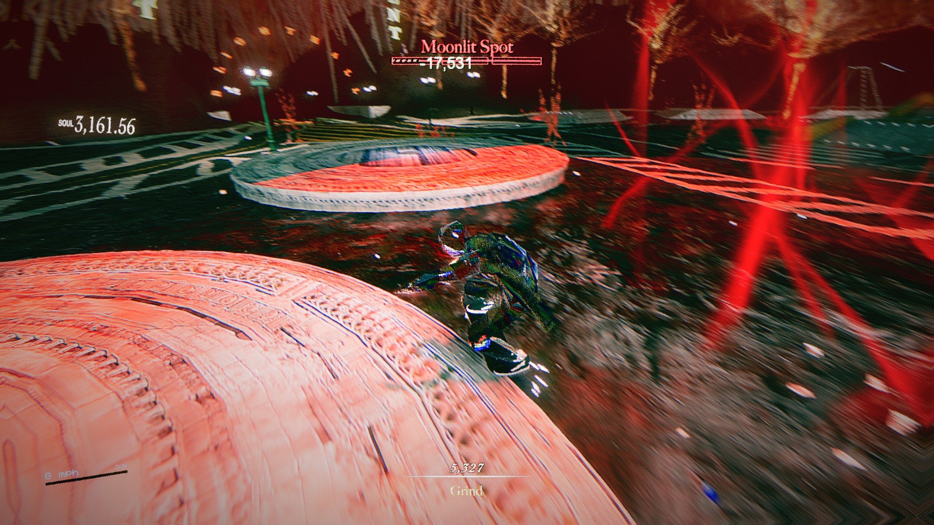 Skate Story screenshot showing the Skater mid-grind on a circular platform in a Moonlit Spot