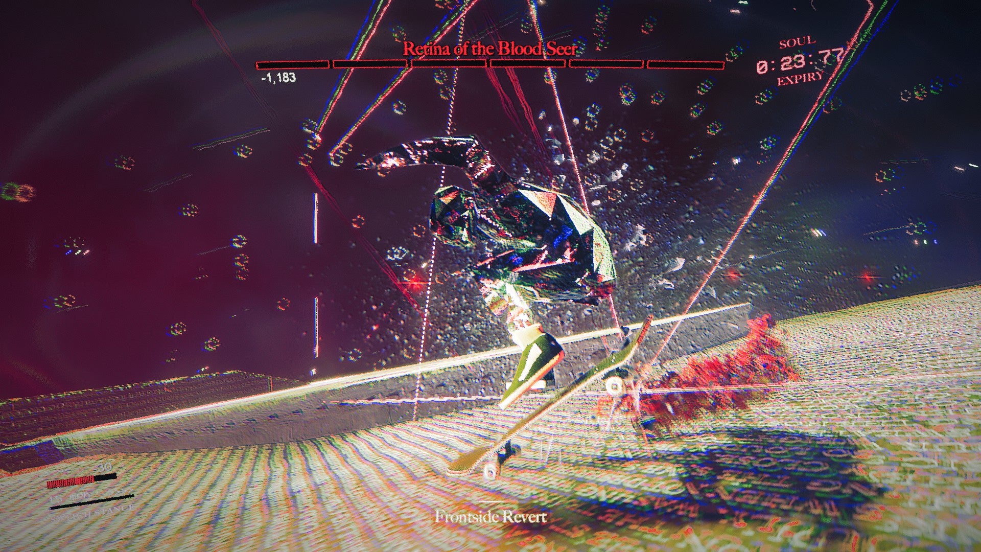 Skate Story screenshot showing the Skater’s final move, a frontside revert, after defeating Retina of the Blood Seer